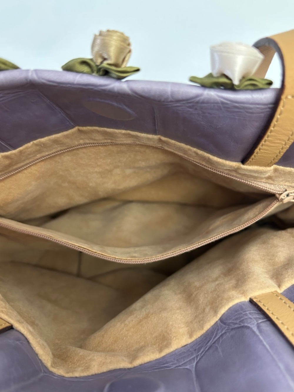 Falor-Le Borse Lavender Italian Leather Crock Embossed Tote with Floral Rosettes - Picture 7 of 16